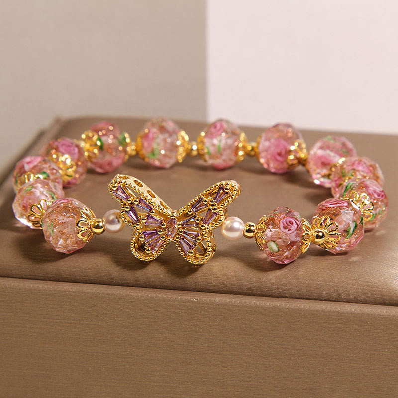 Nimara Ritual Natural Butterfly Rose Design Pink Crystal Warmth Bracelet