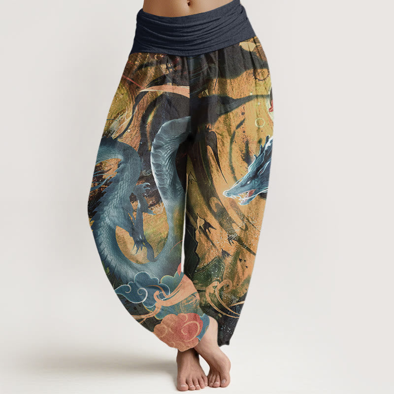 Nimara Ritual Pure Cotton Dragon Auspicious Clouds Pattern Women's Elastic Waist Harem Pants