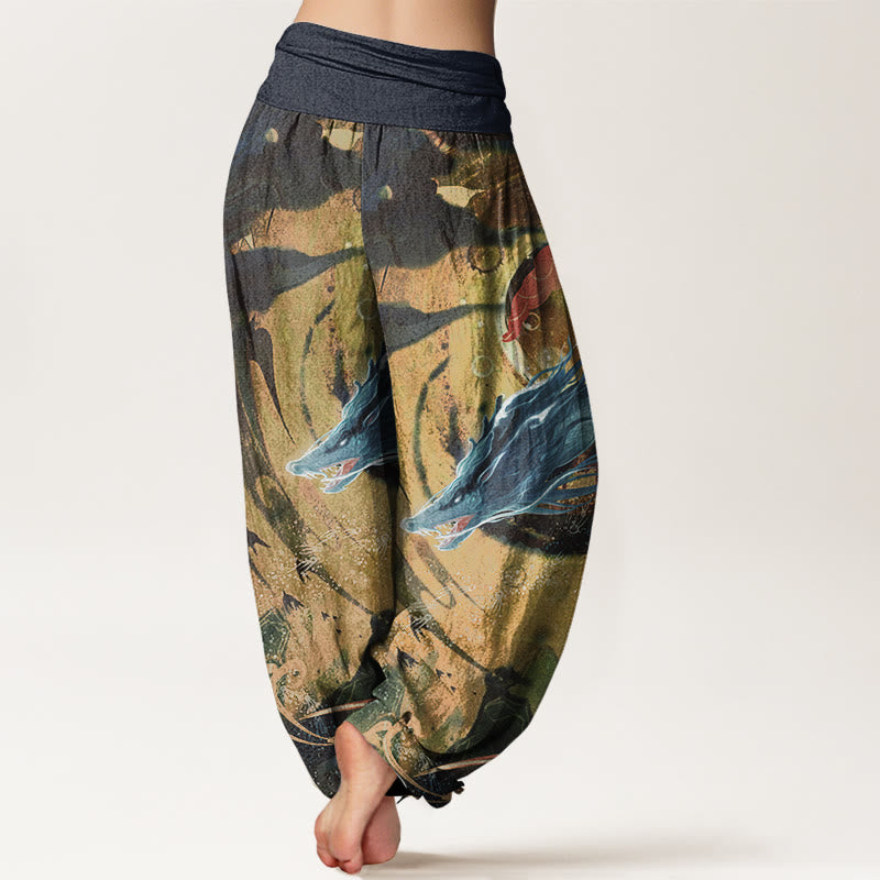 Nimara Ritual Pure Cotton Dragon Auspicious Clouds Pattern Women's Elastic Waist Harem Pants