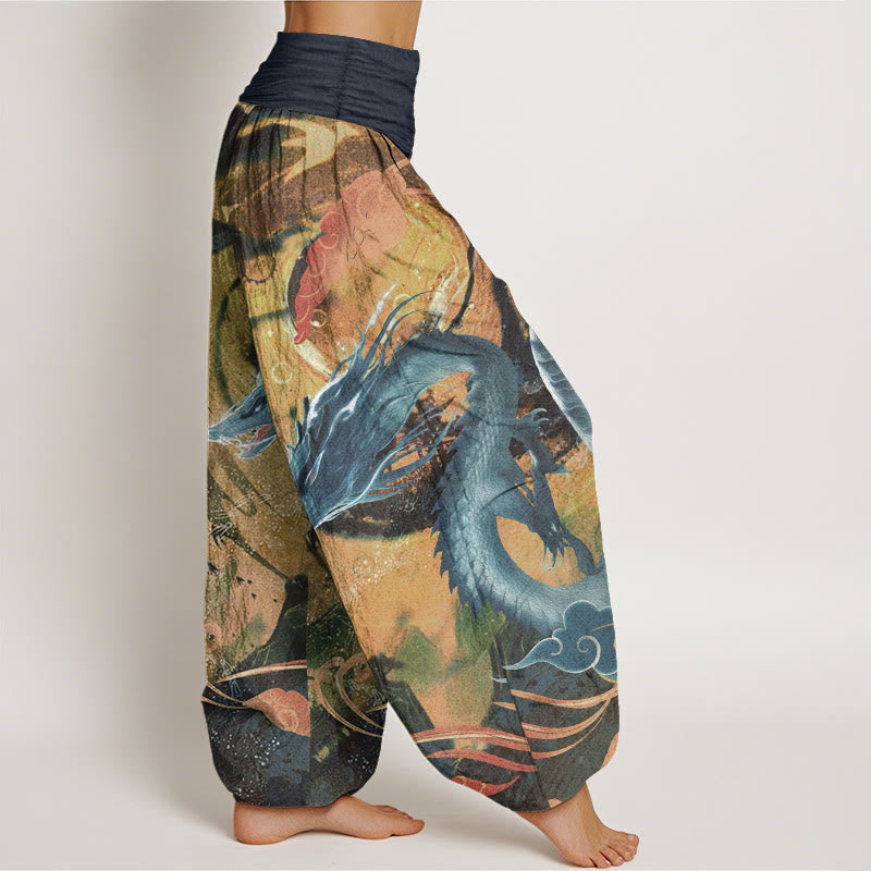 Nimara Ritual Pure Cotton Dragon Auspicious Clouds Pattern Women's Elastic Waist Harem Pants