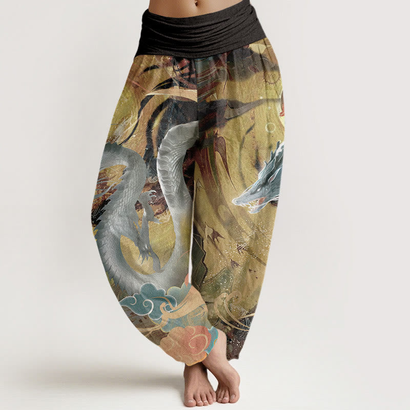 Nimara Ritual Pure Cotton Dragon Auspicious Clouds Pattern Women's Elastic Waist Harem Pants