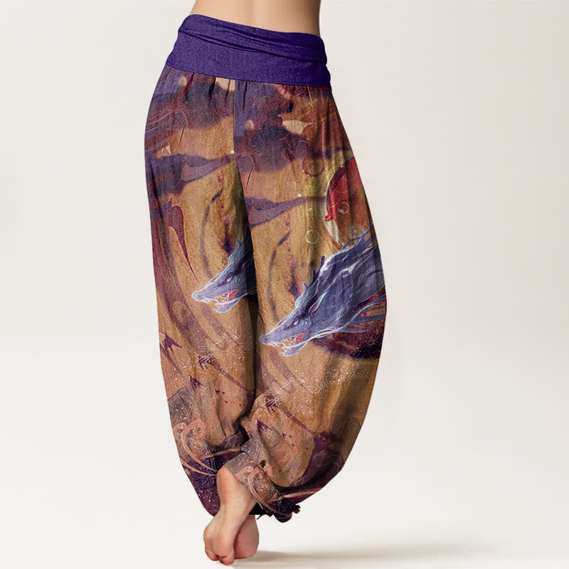 Nimara Ritual Pure Cotton Dragon Auspicious Clouds Pattern Women's Elastic Waist Harem Pants