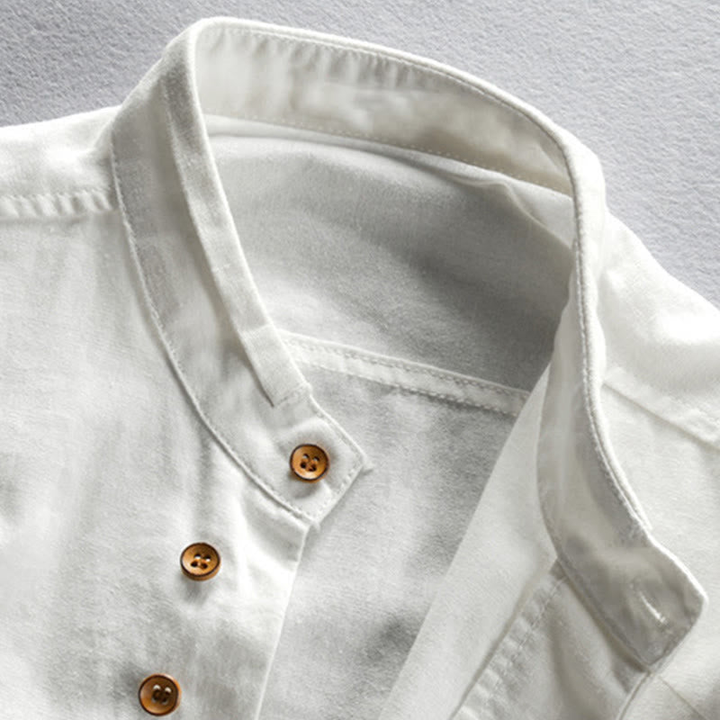 Nimara Ritual Slim Fit Design Stand Collar Crew Neck Cotton Linen Men's Long Sleeve Shirt