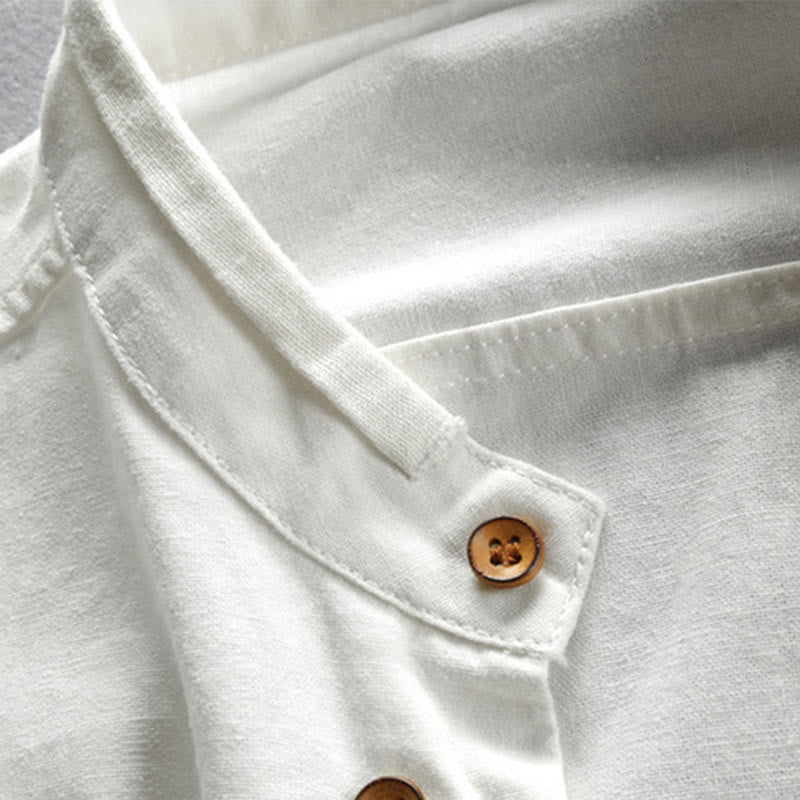 Nimara Ritual Slim Fit Design Stand Collar Crew Neck Cotton Linen Men's Long Sleeve Shirt