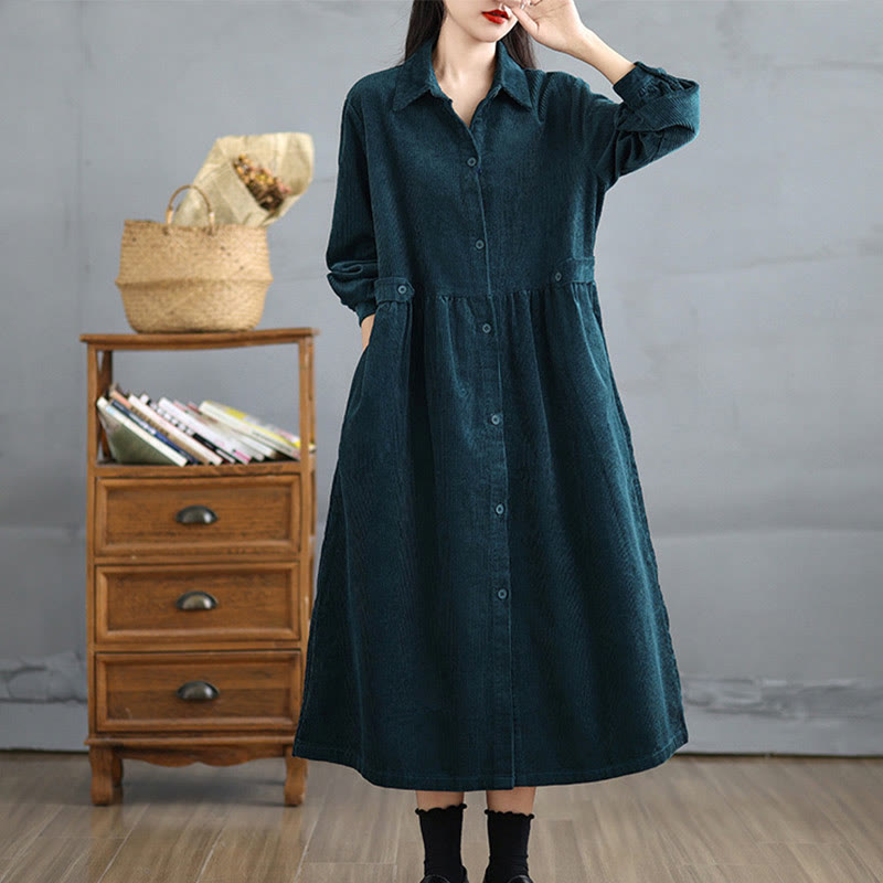 Nimara Ritual Plain Buttons Long Sleeve Women's Cotton Corduroy Coat With Pockets