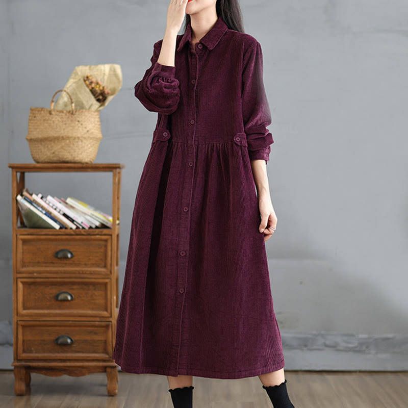 Nimara Ritual Plain Buttons Long Sleeve Women's Cotton Corduroy Coat With Pockets
