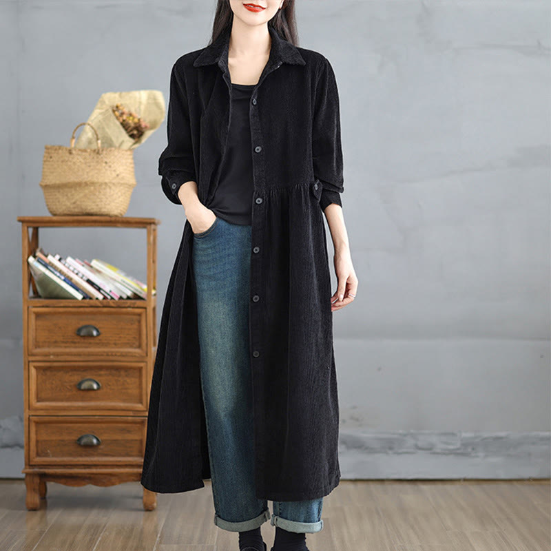 Nimara Ritual Plain Buttons Long Sleeve Women's Cotton Corduroy Coat With Pockets