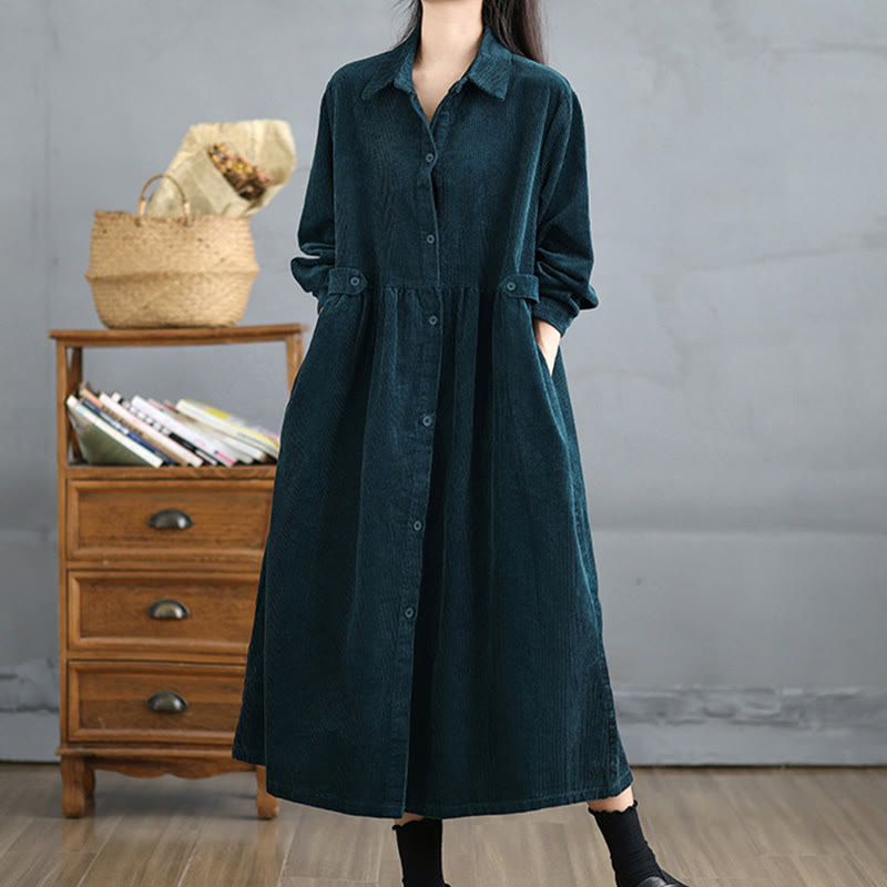 Nimara Ritual Plain Buttons Long Sleeve Women's Cotton Corduroy Coat With Pockets
