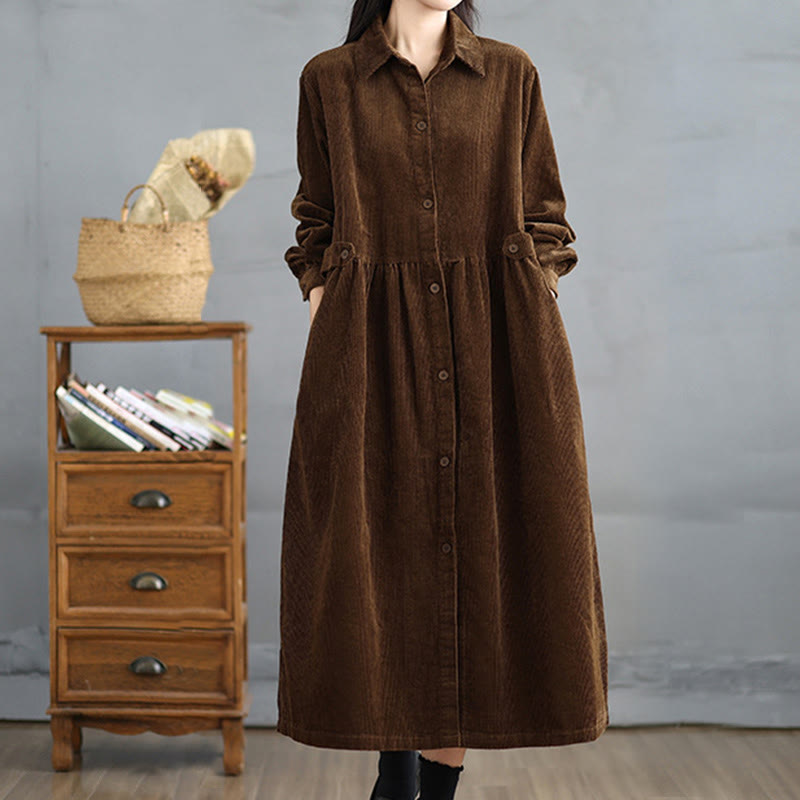Nimara Ritual Plain Buttons Long Sleeve Women's Cotton Corduroy Coat With Pockets