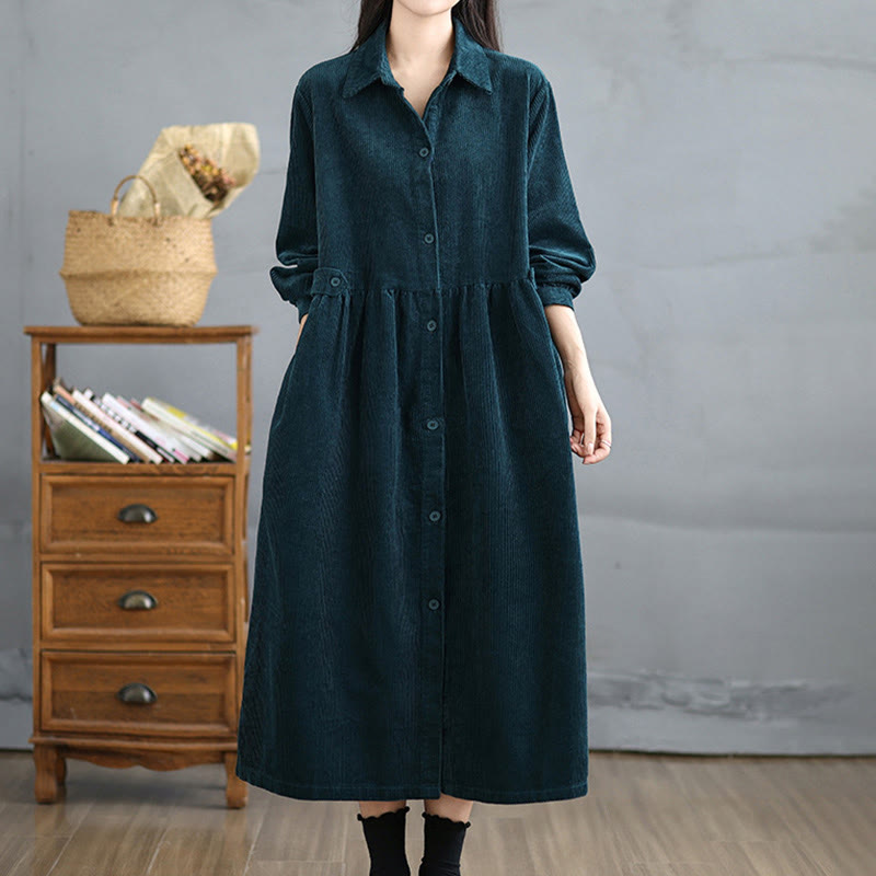 Nimara Ritual Plain Buttons Long Sleeve Women's Cotton Corduroy Coat With Pockets