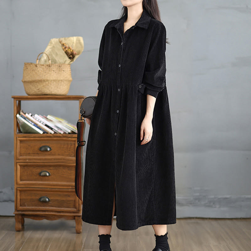 Nimara Ritual Plain Buttons Long Sleeve Women's Cotton Corduroy Coat With Pockets
