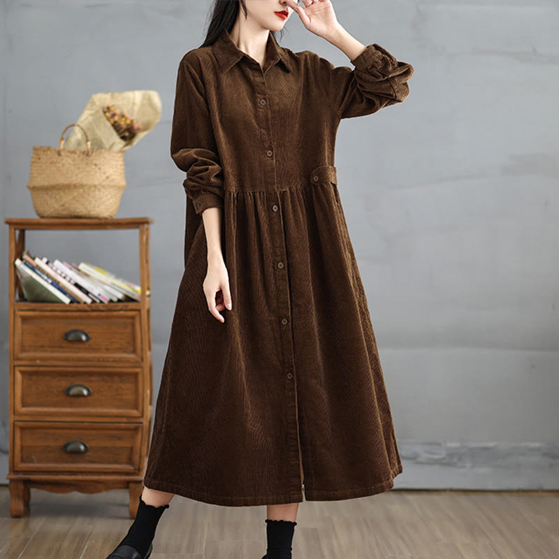 Nimara Ritual Plain Buttons Long Sleeve Women's Cotton Corduroy Coat With Pockets