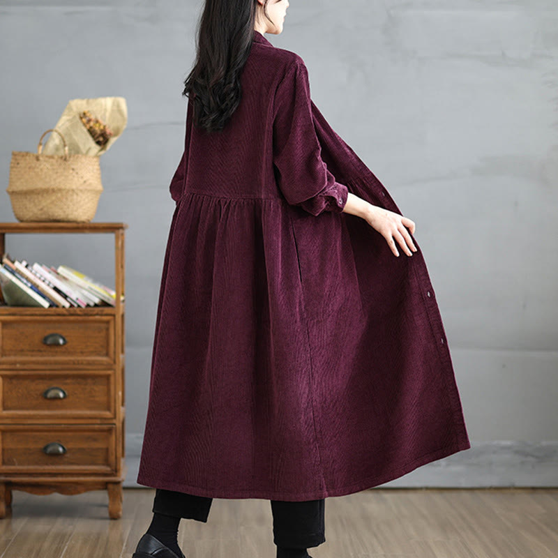 Nimara Ritual Plain Buttons Long Sleeve Women's Cotton Corduroy Coat With Pockets