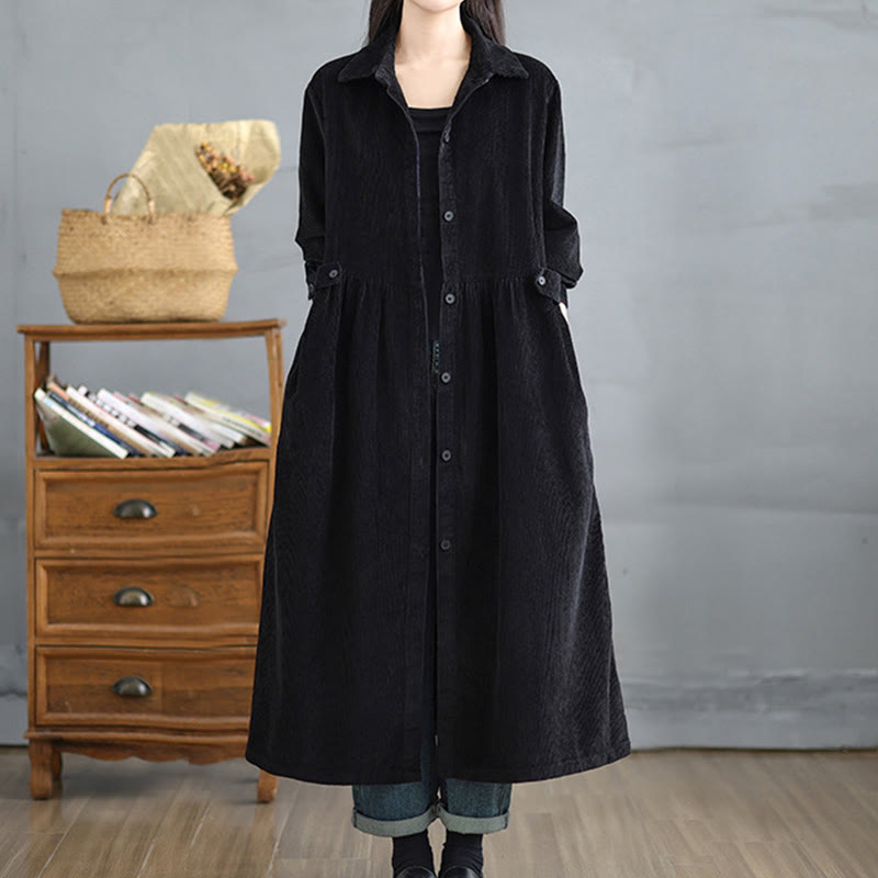 Nimara Ritual Plain Buttons Long Sleeve Women's Cotton Corduroy Coat With Pockets