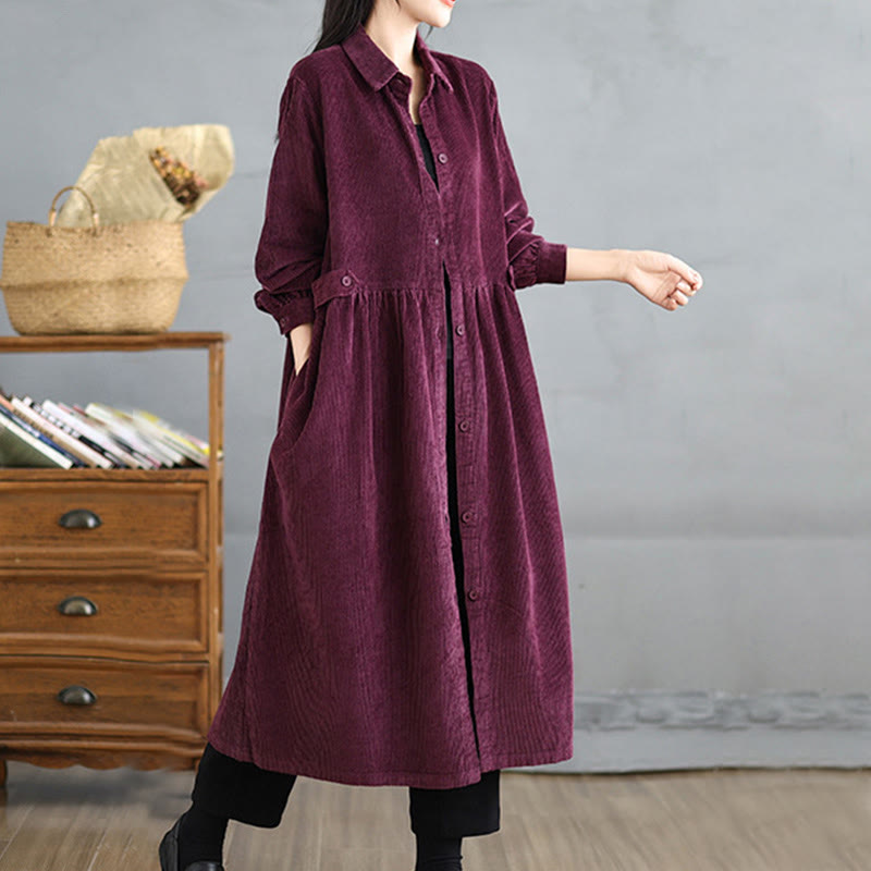 Nimara Ritual Plain Buttons Long Sleeve Women's Cotton Corduroy Coat With Pockets