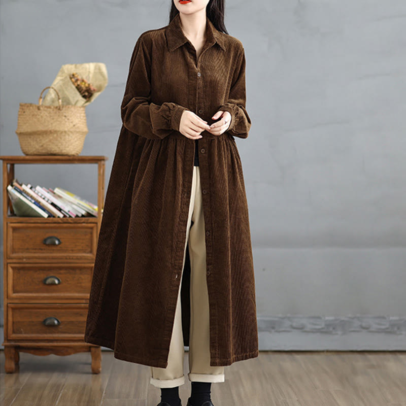 Nimara Ritual Plain Buttons Long Sleeve Women's Cotton Corduroy Coat With Pockets