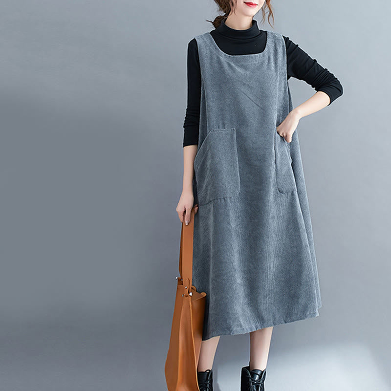 Nimara Ritual Commute Crew Neck Women's Sleeveless Cotton Corduroy Midi Dress With Pockets