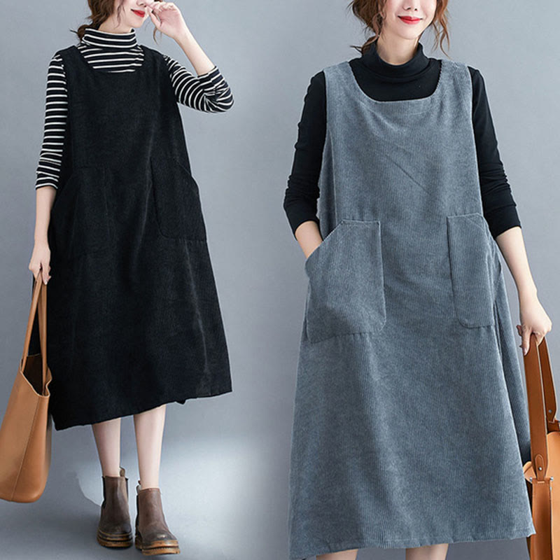 Nimara Ritual Commute Crew Neck Women's Sleeveless Cotton Corduroy Midi Dress With Pockets