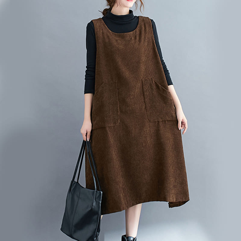 Nimara Ritual Commute Crew Neck Women's Sleeveless Cotton Corduroy Midi Dress With Pockets
