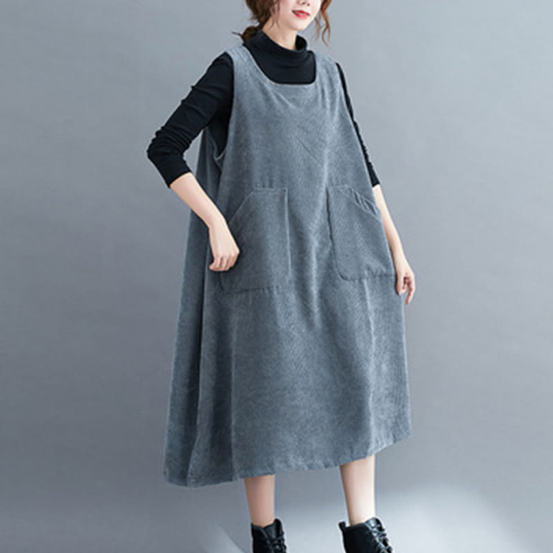 Nimara Ritual Commute Crew Neck Women's Sleeveless Cotton Corduroy Midi Dress With Pockets