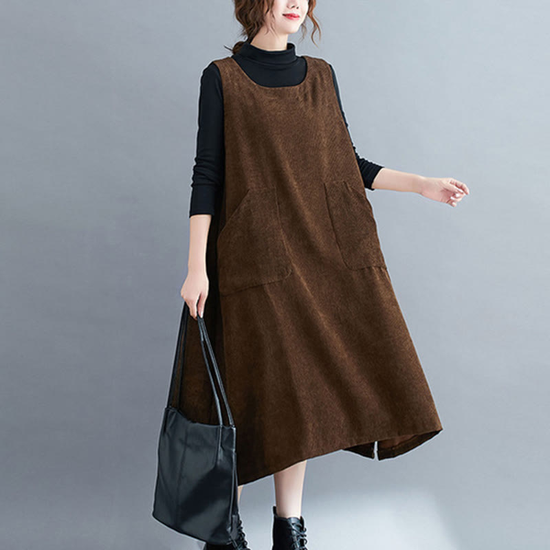 Nimara Ritual Commute Crew Neck Women's Sleeveless Cotton Corduroy Midi Dress With Pockets