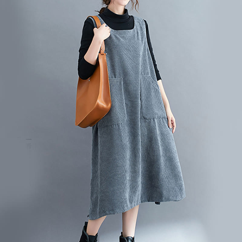 Nimara Ritual Commute Crew Neck Women's Sleeveless Cotton Corduroy Midi Dress With Pockets