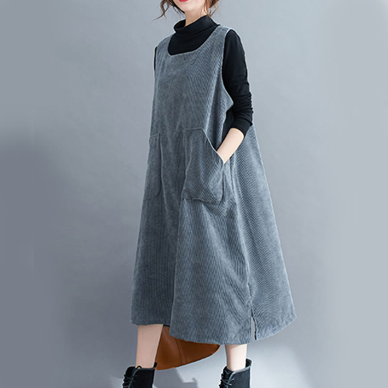Nimara Ritual Commute Crew Neck Women's Sleeveless Cotton Corduroy Midi Dress With Pockets