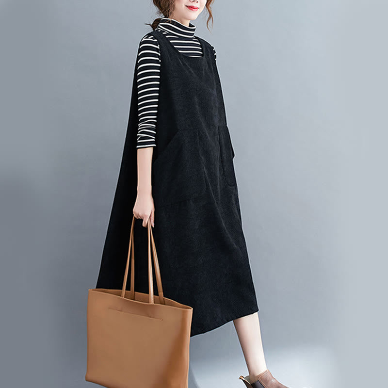 Nimara Ritual Commute Crew Neck Women's Sleeveless Cotton Corduroy Midi Dress With Pockets