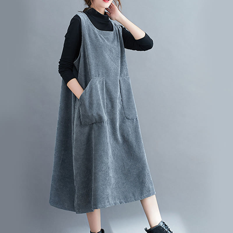 Nimara Ritual Commute Crew Neck Women's Sleeveless Cotton Corduroy Midi Dress With Pockets