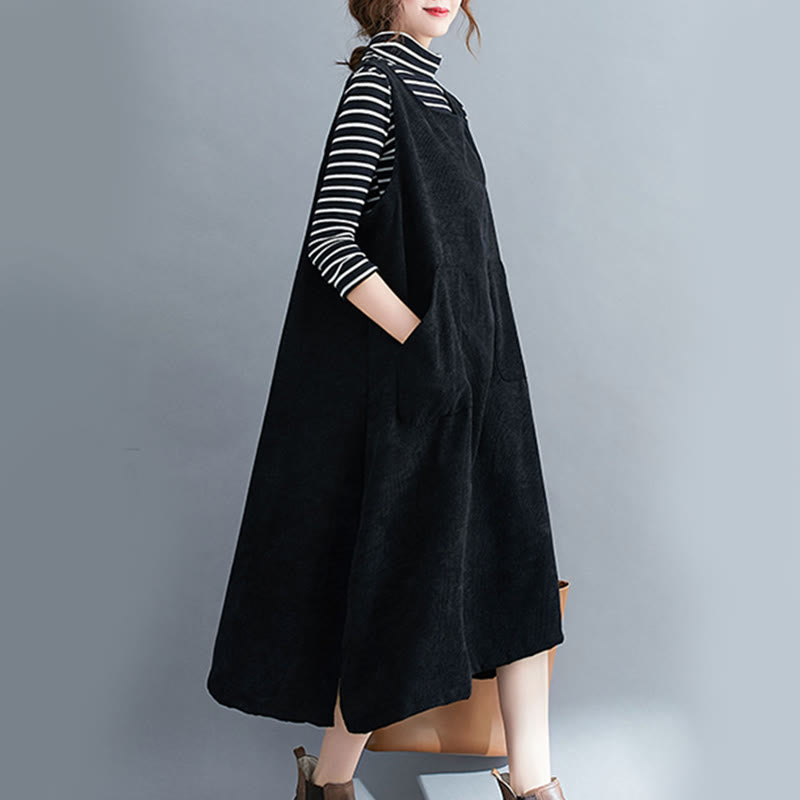 Nimara Ritual Commute Crew Neck Women's Sleeveless Cotton Corduroy Midi Dress With Pockets