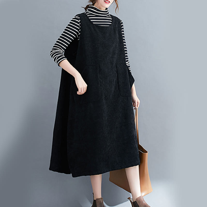 Nimara Ritual Commute Crew Neck Women's Sleeveless Cotton Corduroy Midi Dress With Pockets