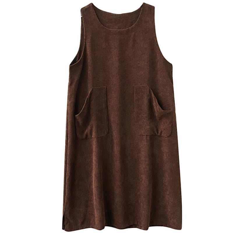 Nimara Ritual Commute Crew Neck Women's Sleeveless Cotton Corduroy Midi Dress With Pockets
