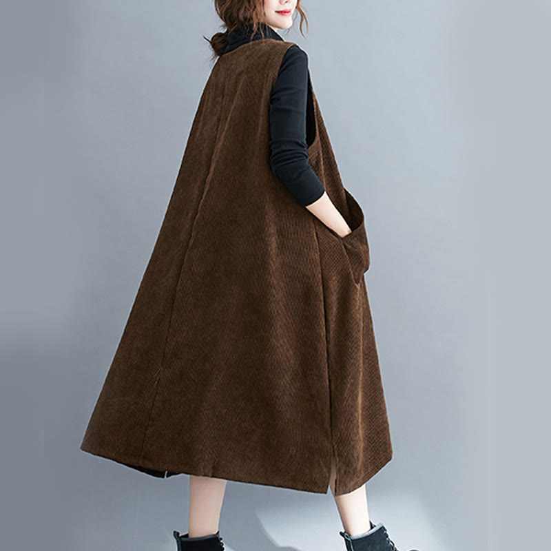 Nimara Ritual Commute Crew Neck Women's Sleeveless Cotton Corduroy Midi Dress With Pockets