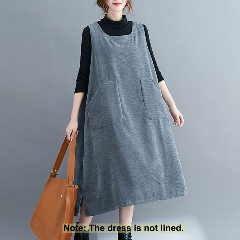 Nimara Ritual Commute Crew Neck Women's Sleeveless Cotton Corduroy Midi Dress With Pockets