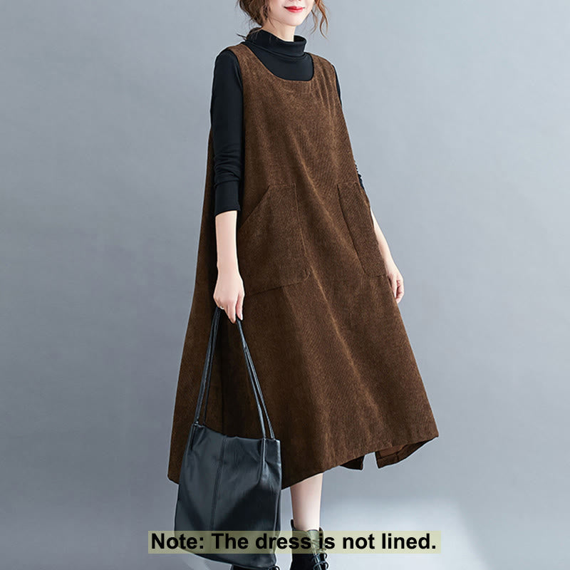 Nimara Ritual Commute Crew Neck Women's Sleeveless Cotton Corduroy Midi Dress With Pockets