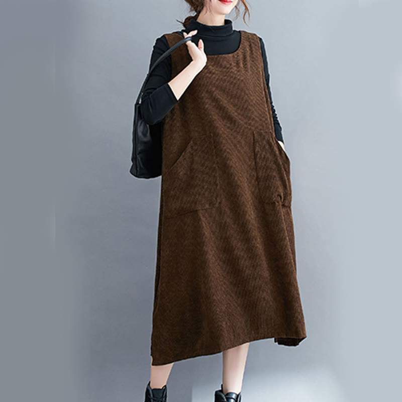 Nimara Ritual Commute Crew Neck Women's Sleeveless Cotton Corduroy Midi Dress With Pockets
