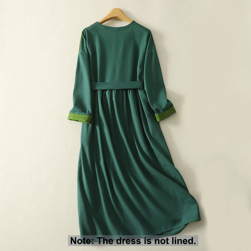 Nimara Ritual Patched Color Block Desgin Women's Long Sleeve Midi Dress With Pockets