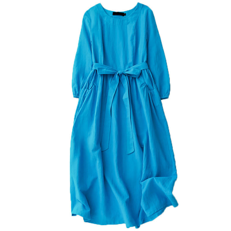 Nimara Ritual Plain Long Sleeve Lace-up Desgin Women's Cotton Midi Dress With Pockets