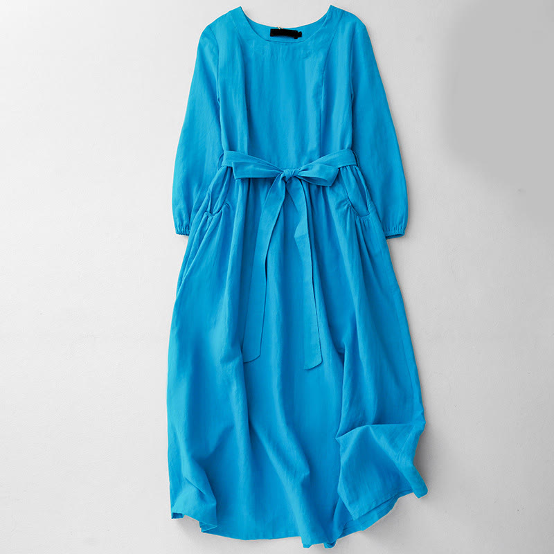 Nimara Ritual Plain Long Sleeve Lace-up Desgin Women's Cotton Midi Dress With Pockets