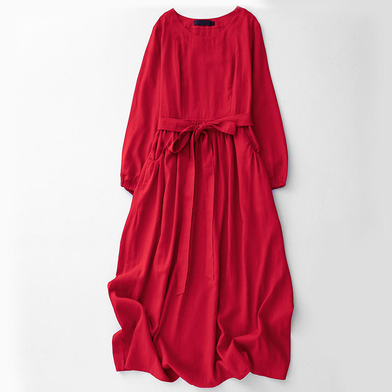 Nimara Ritual Plain Long Sleeve Lace-up Desgin Women's Cotton Midi Dress With Pockets