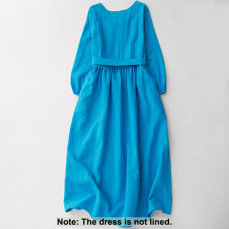 Nimara Ritual Plain Long Sleeve Lace-up Desgin Women's Cotton Midi Dress With Pockets