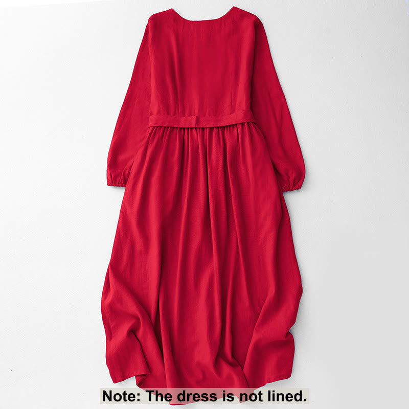 Nimara Ritual Plain Long Sleeve Lace-up Desgin Women's Cotton Midi Dress With Pockets