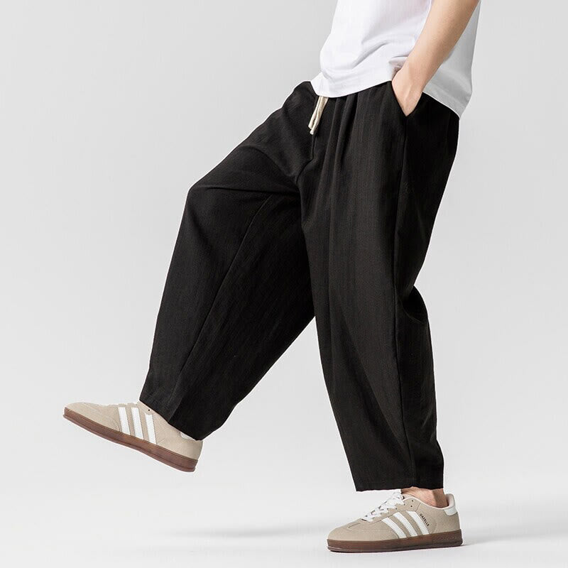 Nimara Ritual Summer Pure Color Drawstring Men's Cotton Ankle-Length Pants With Pockets