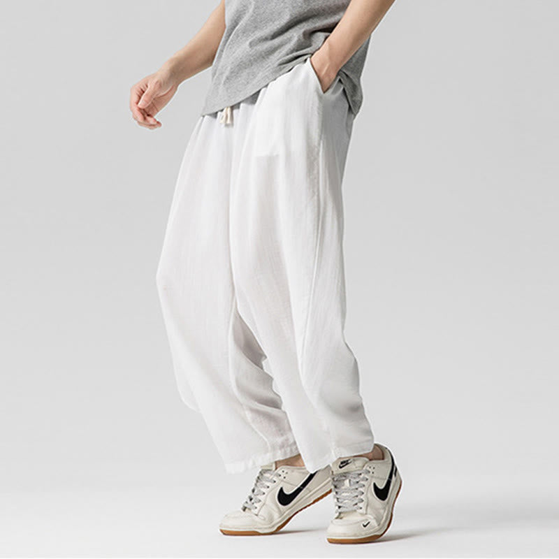 Nimara Ritual Summer Pure Color Drawstring Men's Cotton Ankle-Length Pants With Pockets