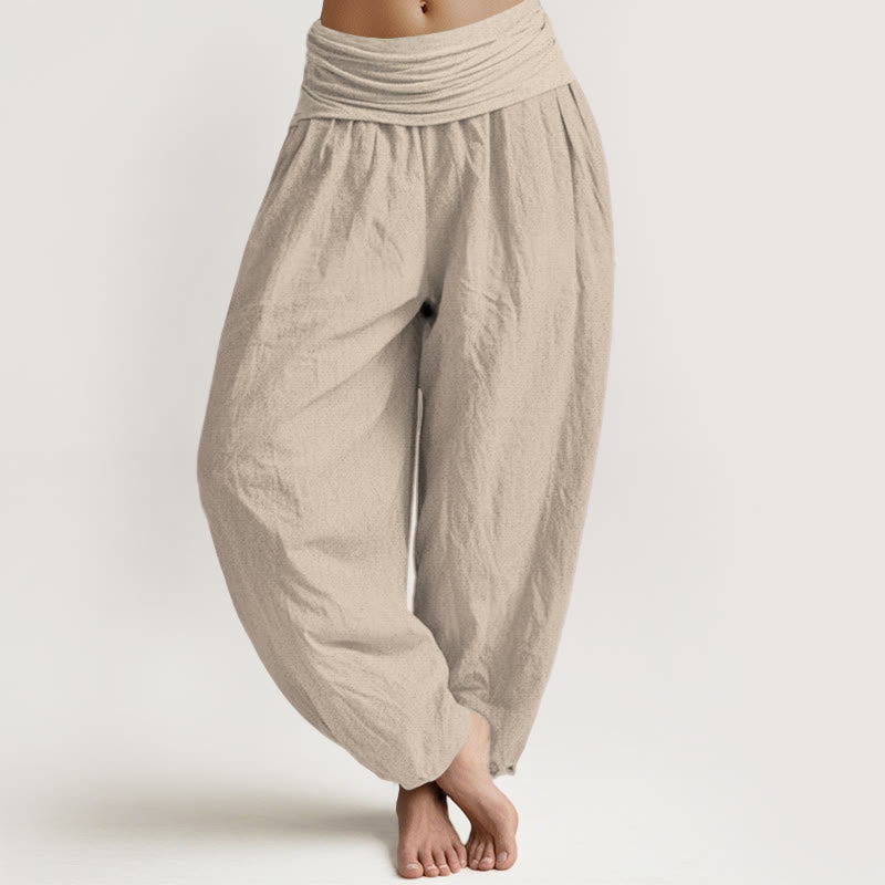 Nimara Ritual Solid Tan Color Women's Elastic Waist Harem Pure Cotton Pants