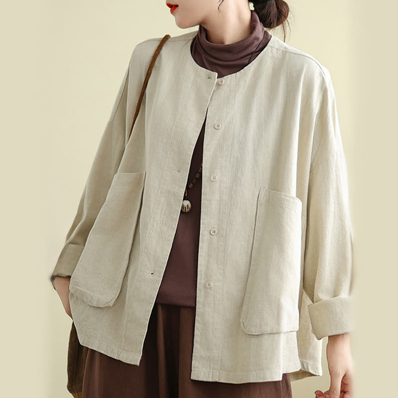 Nimara Ritual Women's Long Sleeve Crew Neck Cotton Jacket With Pockets