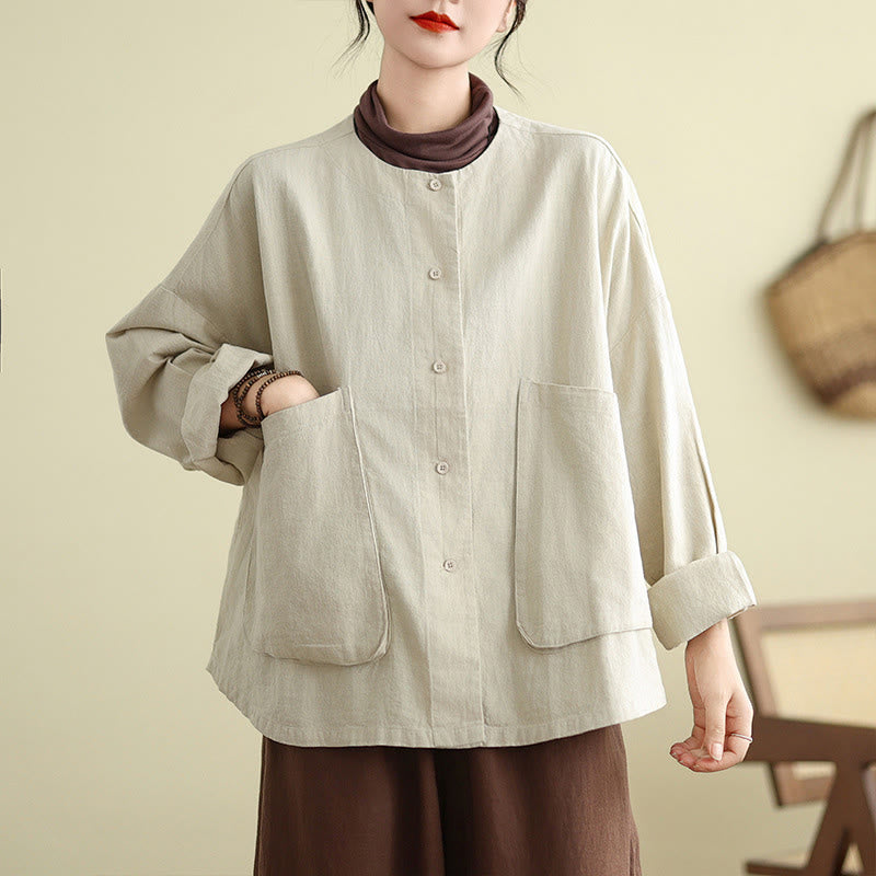 Nimara Ritual Women's Long Sleeve Crew Neck Cotton Jacket With Pockets
