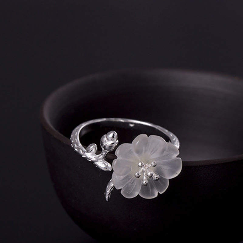 Nimara Ritual Natural White Crystal Flower 925 Sterling Silver Adjustable Healing Ring