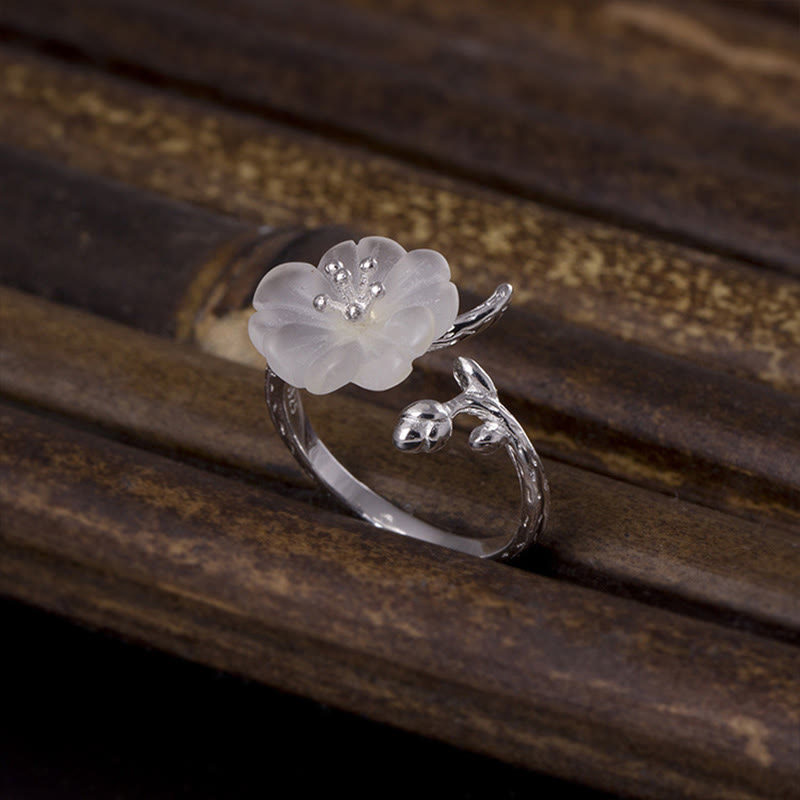 Nimara Ritual Natural White Crystal Flower 925 Sterling Silver Adjustable Healing Ring
