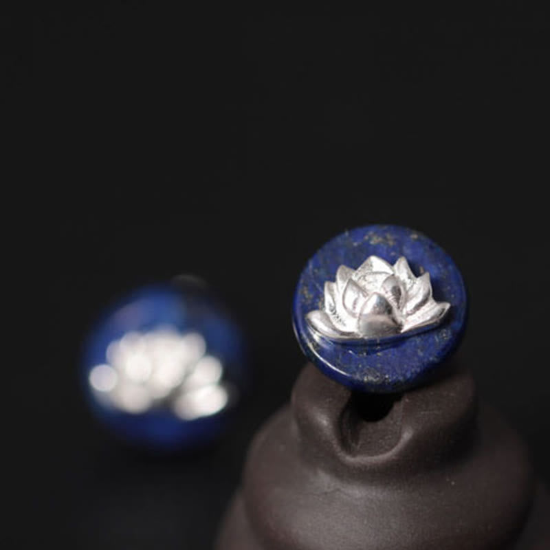 Nimara Ritual Lazurite 925 Sterling Silver Lotus Pattern Enlightenment Earrings